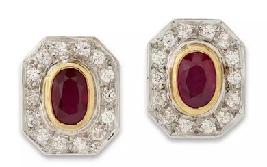 A pair of ruby and diamond earrings, the oval mixed-cut...
