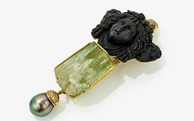 A pendant with beryl, lava stone, Tahitian cultured