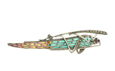 A plique-a-jour enamel grasshopper brooch, with ruby and pyrite detail.