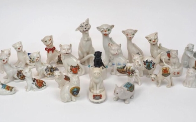 A quantity of porcelain Cheshire cats bearing various county crests, from a variety of makers to include Crafton china, Arcadia china, Willow Longton china, Stoke-on-Trent porcelain, Victoria china, W.H. Goss, and other unmarked examples, tallest...