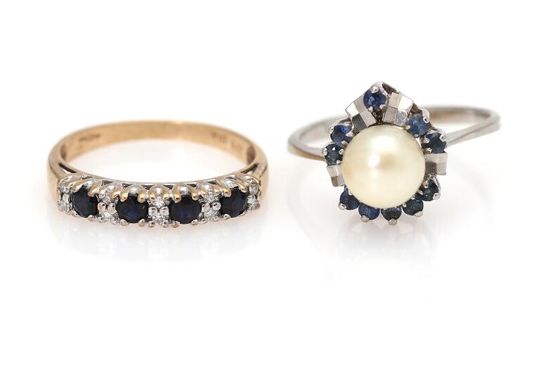 SOLD. A ring set with a pearl and sapphires, mounted in 14k white gold and a ring set with sapphires and diamonds, mounted in partly rhodium-plated 8k gold. (2) – Bruun Rasmussen Auctioneers of Fine Art