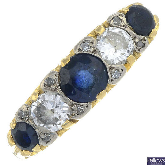 A sapphire and brilliant-cut diamond five-stone ring.