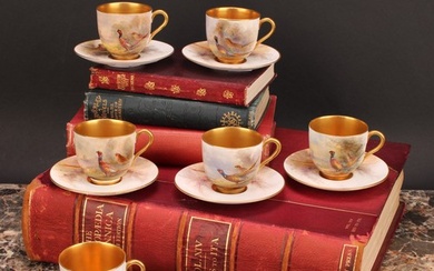 A set of six Royal Worcester coffee cups and saucers, painte...