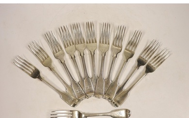 A set of six Victorian silver fiddle pattern table forks, Ha...