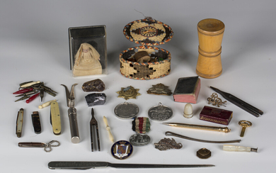 A small group of collectors' items, including a straw work oval box, a leather needle case and