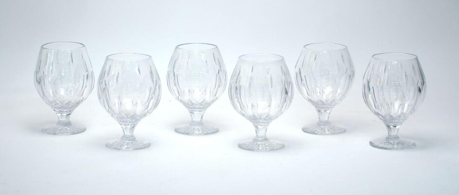 A suite of six cut glass brandy glasses, mid-late 20th century ea., each with acid etched heraldic crest, ea. 15.5cm high. (6)