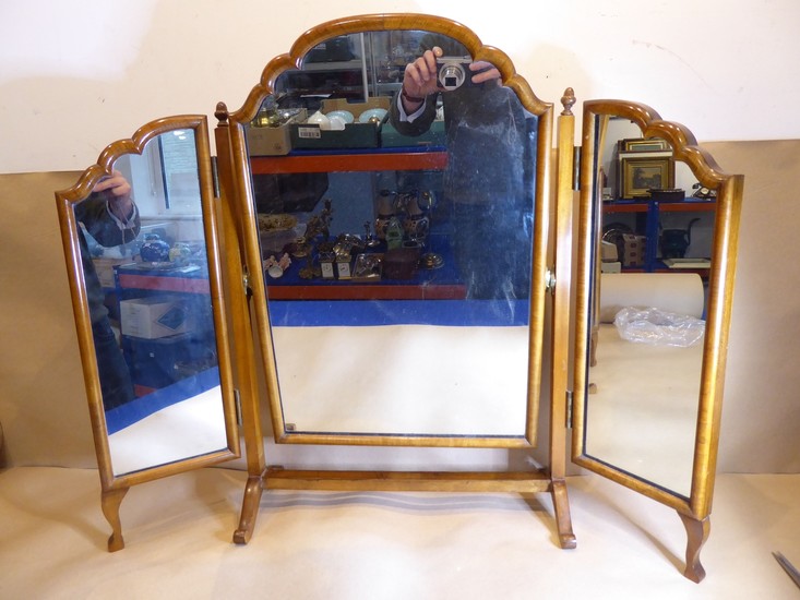 A very fine walnut-framed tryptych dressing table mirror