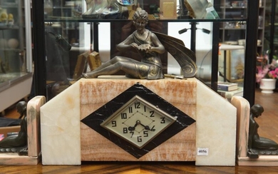 AN ART DECO SPELTER AND MARBLE FIGURAL CLOCK GARNITURE, THE CLOCK WITH A DIAMOND SHAPED ENAMELLED ARABIC NUMERAL DIAL, COUNTWHEEL ST...
