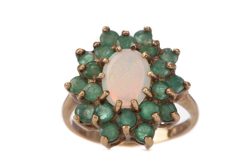 AN OPAL AND EMERALD CLUSTER RING