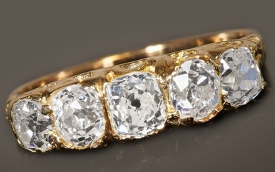 ANTIQUE DIAMOND 5-STONE RING, High carat gold. Diamonds brig...