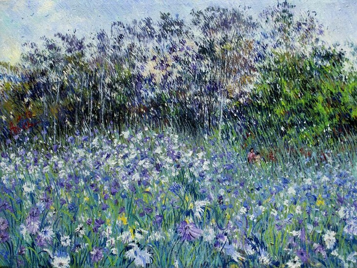 Abid Khan, Purple Flower Field, Oil on Canvas, signed