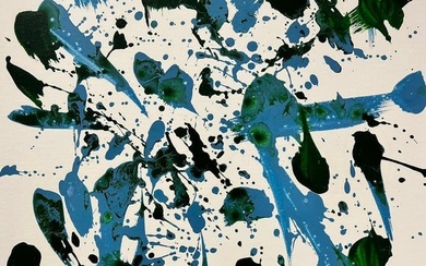 Abstract British Contemporary Splash Painting Green and Blue on White c.2023