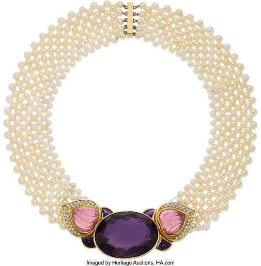Amethyst, Pink Tourmaline, Diamond, Cultured Pearl, Gold Necklace...