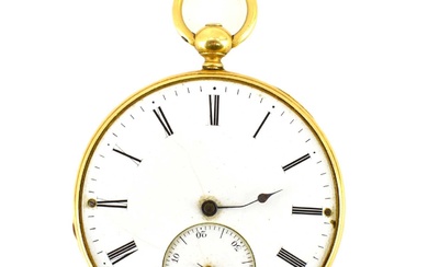 An 18ct gold open face pocket watch, white enamel dial...