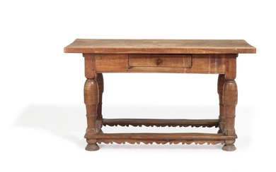 An 18th century Baroque oak refectory table, apron with drawer. H. 81. L. 142. W. 65 cm.