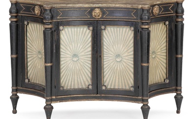 An Italian Late Empire sideboard, black painted and gilded wood, imitated marble...