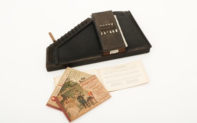 An autoharp marked: Müller's Accordzither Orpheus, together with three matching melodie books, vol. 1, 3 en 4. with tuning fork.