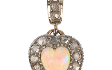 An early 20th century opal and diamond heart cluster drop pe...