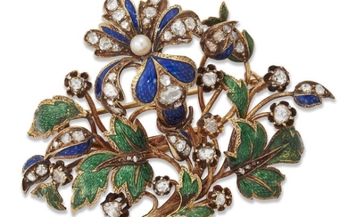 An enamel and diamond brooch, late C19th Turkish, designed as a floral spray set with rose-cut diamonds. with green and blue enamel leaf detail