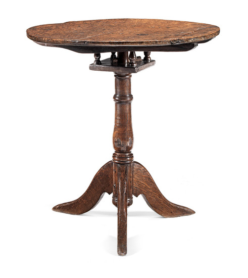 An oak tripod occasional table, with pollard oak top, English, circa 1720-50