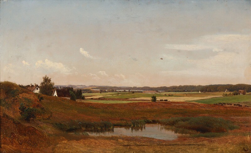 Anders Lunde: A view of a landscape with farms and a small pond in the foreground. Later signed with monogram. Oil on paper laid on canvas. 33×53 cm.
