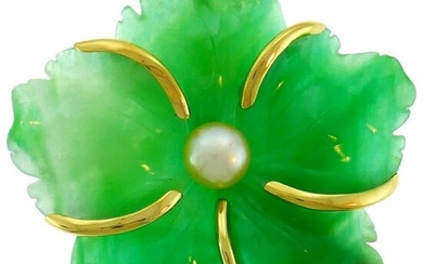 Andrew Clunn Chrysoprase Yellow Gold Pin Brooch Clip with Pearl Accent