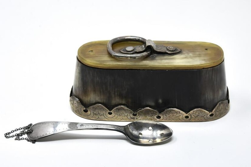 Antique Georgian Era Carved Horn Silver Snuff Box