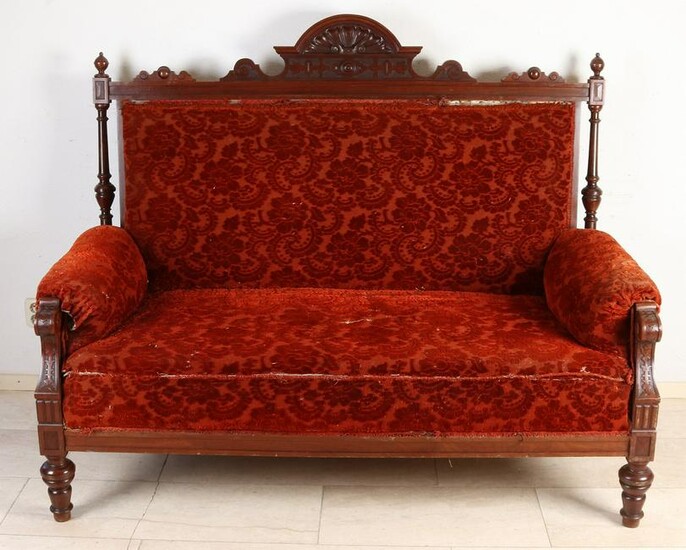 Antique German walnut Gr&#252 nderzeit sofa with red