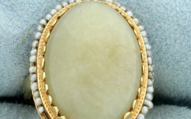 Antique Jade and Seed Pearl Ring in 14k Yellow Gold