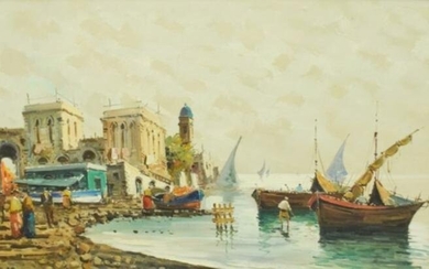 Antonio Devity Oil on Canvas Italian Harbor Scene