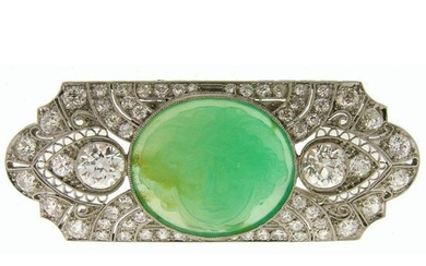 Art Deco Carved Jade Diamond Gold Platinum Pin Brooch