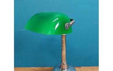 Art Deco chrome banker's lamp with green glass shade. { 40cm...