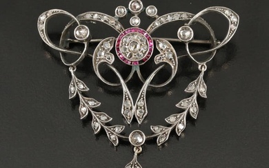 Art Nouveau Silver, 14K, Diamond and Ruby Brooch Pendant