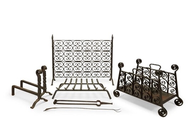 Arts & Crafts Design Group of seven fireplace accessories,...