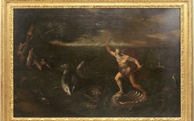 Attr. a Joseph Heintz il Giovane (Augusta, 1600 circa – Venezia, 1678), Nettuno placa la tempesta (Allegoria dell’Acqua), entro cornice