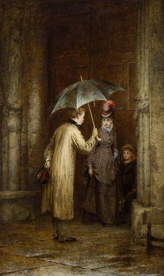 Augustus Edwin Mulready, British 1844-1904- May I Help, Madam?; oil on canvas, signed 'A.E.Mulready. / 1875' (lower right), 67 x 40.5 cm. Provenance: Private Collection. Note: Mulreadyâ€™s works commonly depict London street scenes with a focus on...