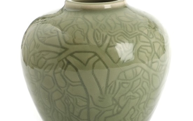Axel Salto: A Royal Copenhagen stoneware vase with scratched branch and leaf motifs, decorated with celadon glaze. Signed. H. 14 cm.