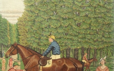 BONNIER (XXème s.) Jockeys dans un parc Huile sur toile signée en bas à gauche et datée 34 46 x 38 cm.