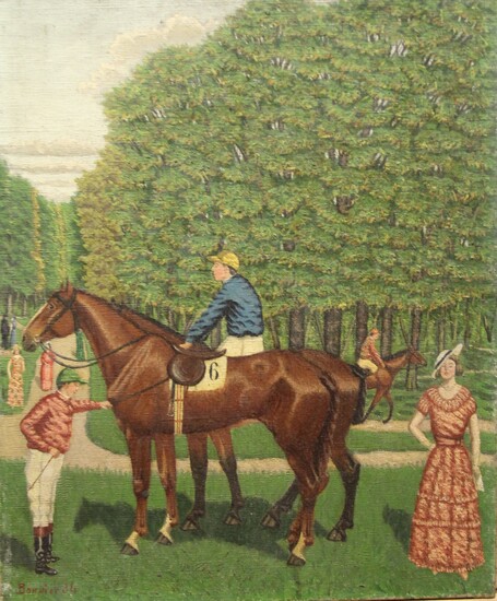 BONNIER (XXème s.) Jockeys dans un parc Huile sur toile signée en bas à gauche et datée 34 46 x 38 cm.
