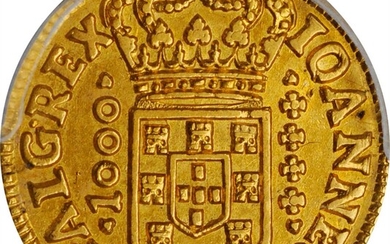 BRAZIL. 1000 Reis, 1725-B. Bahia Mint. Joao V. PCGS AU-58 Gold Shield.