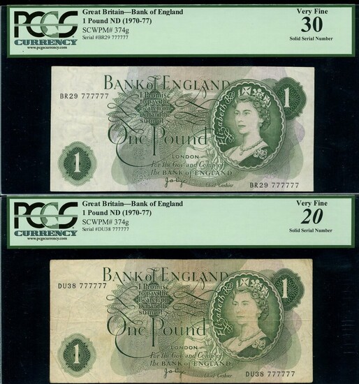 Bank of England, J.B.Page, £1 (2), ND (1970-1977), serial numbers DU38 777777 and BR29 777777,...