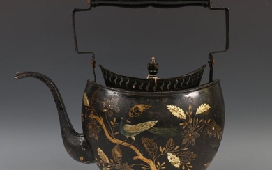 Barge-shaped black-gilt lacquered 'tole peint' tea kettle, late...