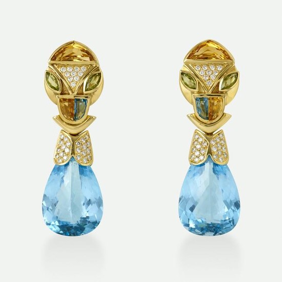 Baten, Blue topaz, diamond, multi-gem earrings