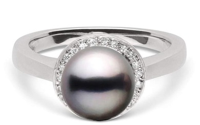 Black Tahitian Pearl and Diamond Halo Ring, 8.0-9.0mm