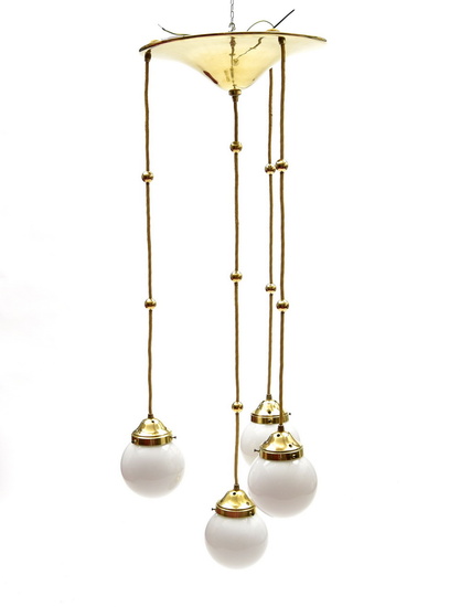 Brass hanging light, with 4 opaline glass bulbs,...