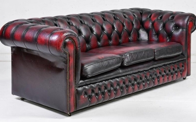 British Red Leather Button Tufted Chesterfield Sofa