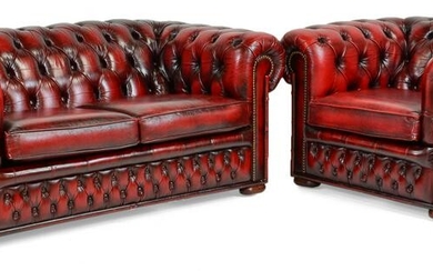 British Red Leather Chesterfield 2 Seater & Club Chair