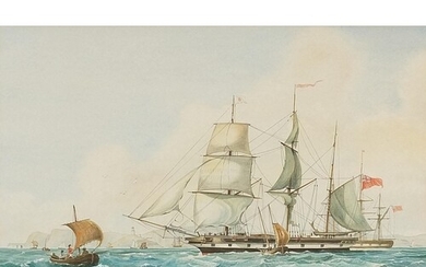British frigate on water, maritime watercolour, mounted, fra...