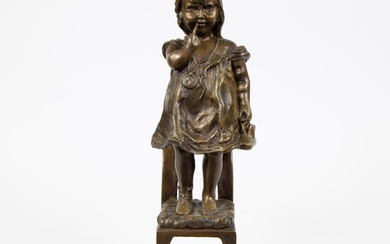 Brown patinated bronze of a naughty girl on a chair, after a work by Juan Clara, signed Mene