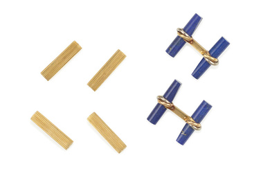 CARTIER: A PAIR OF TRI-COLOR GOLD AND LAPIS LAZULI CUFFLINKS...